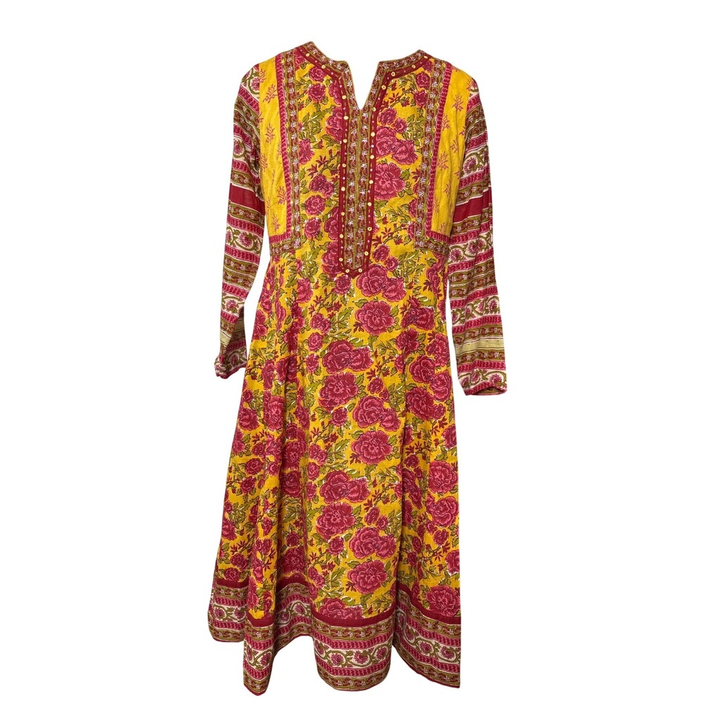 Biba Yellow Red Floral Cotton Anarkali Midi Dress Sequin Split Neck India Size S